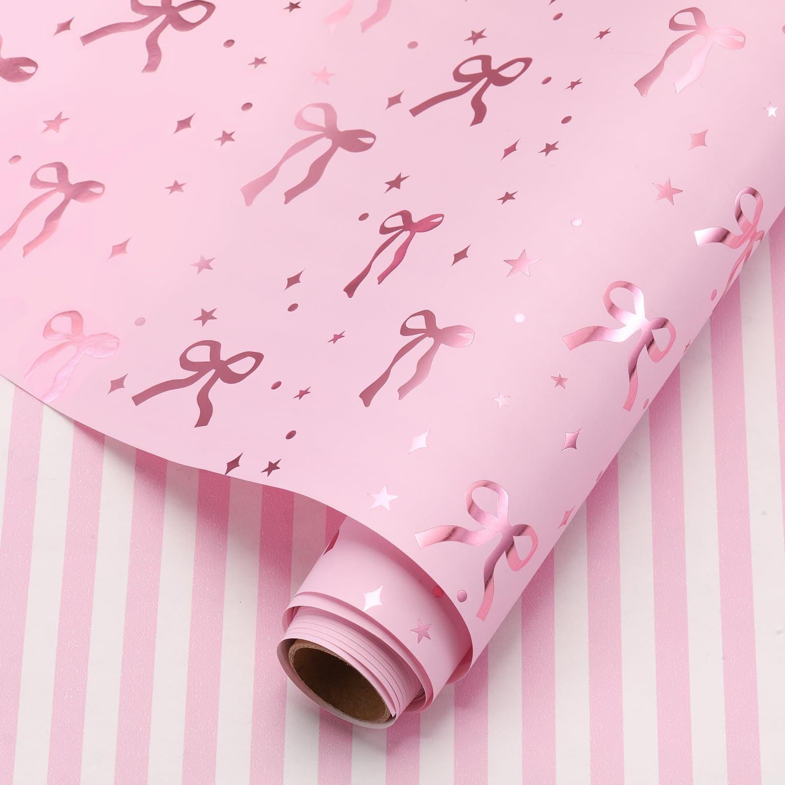 AmazingSpark Pink Bow Gift Wrapping Paper Roll Gold Foil Coquette Bow Gift Wrap 17 x 118 Inch Pink Striped Wrapping Paper for Girl Birthday Baby Shower Wedding Bachelorette Party Decor Supplies