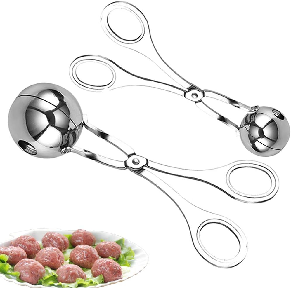 2PCS Meat Ballers Maker Stainless Steel Meat Baller Tongs Cake Pop Maker Melon Baller Cookie Cake Rice Dough Ice Tongs for Fruits Meatball Cake Ice Cream Melon Fruits Kitchen Tools