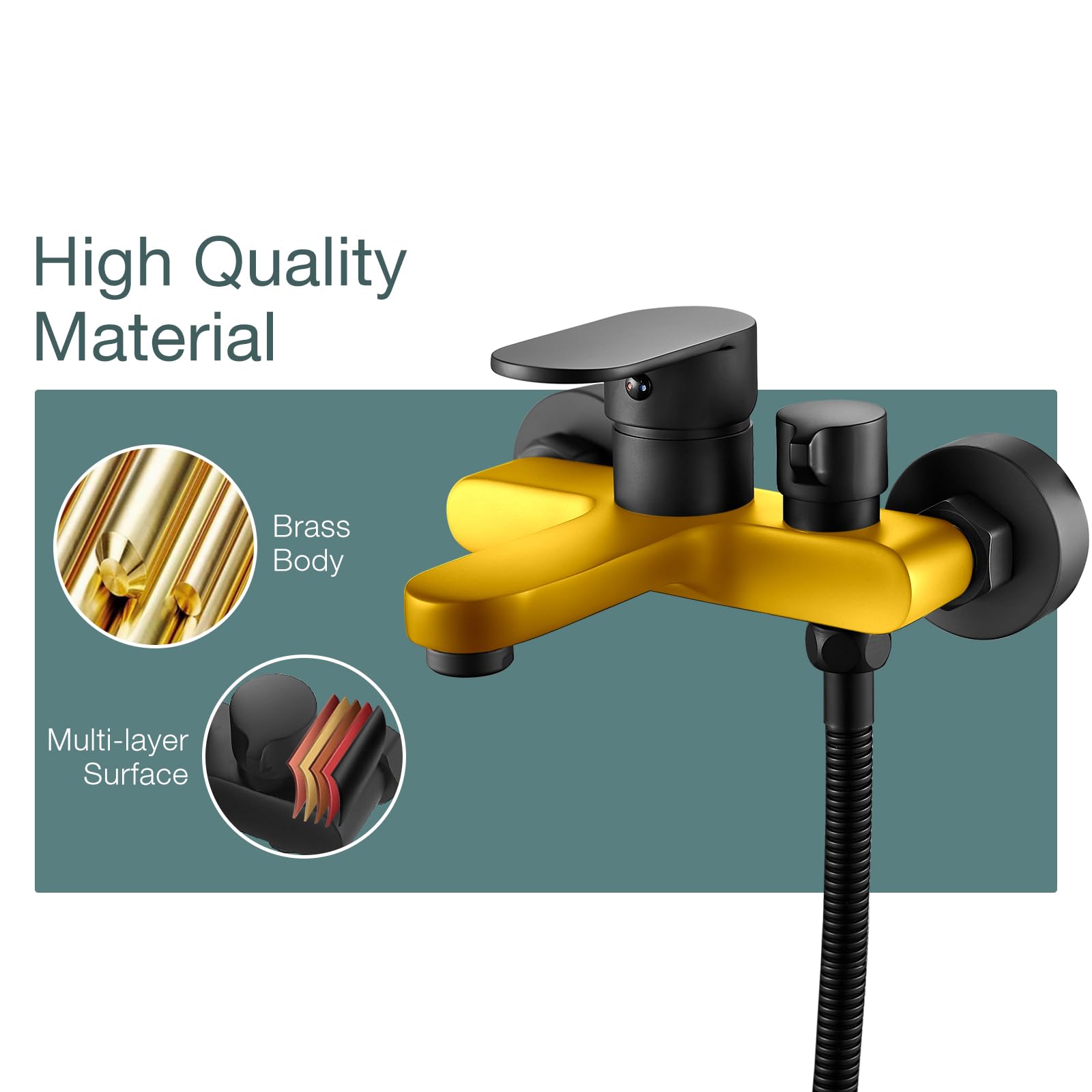 Grifo de Bañera Negro Con Alcachofa de Mano, Mezclador Para Ducha de Pared 150 mm, 3 Funciones, Color Negro Mate