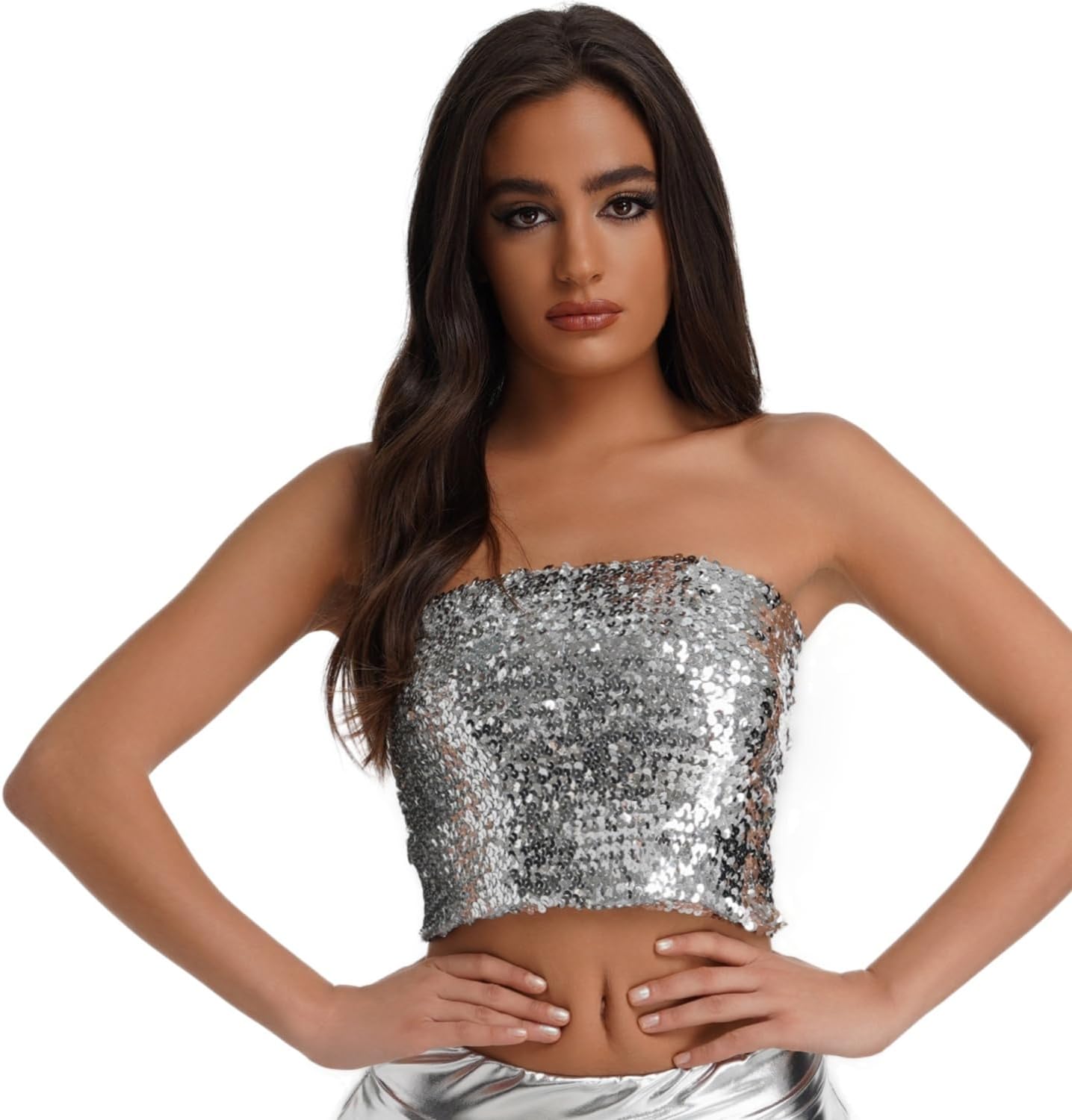 Women's Sparkly Sequin Tube Top, Strapless Stretchy Sleeveless Crop Top Metallic Clubwear for Party Night Out Halloween - Image 7