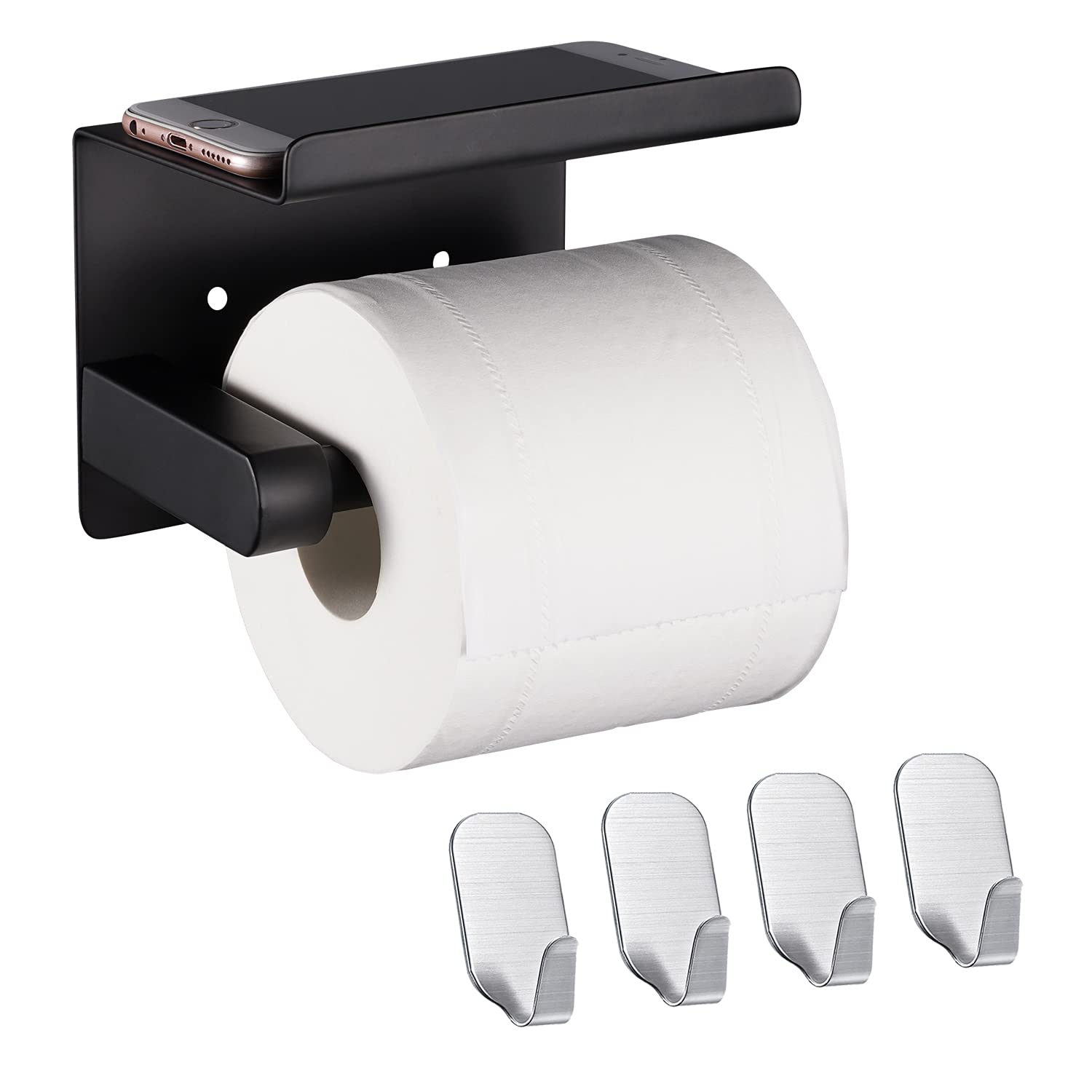 Adhesive Toilet Paper Holder with Shelf + Adhesive Hook (4 Pack