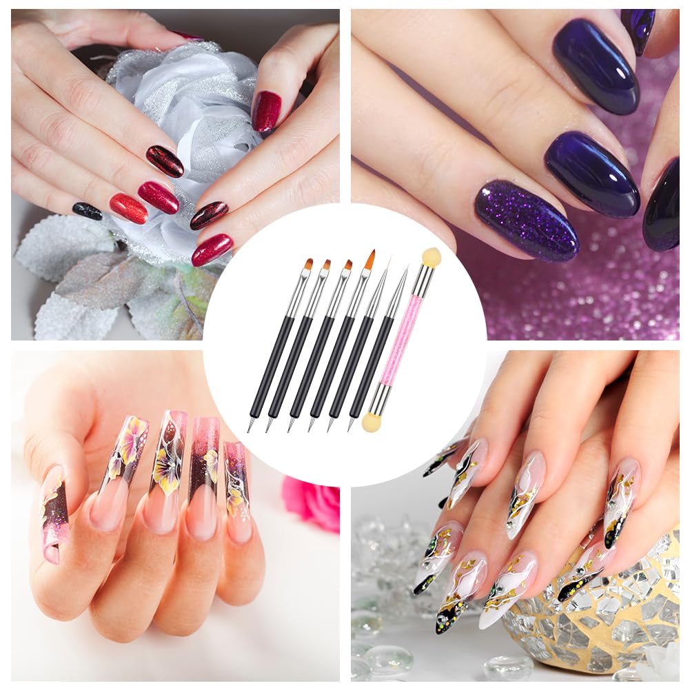 Pennelli Nail Art Set di Pennelli, 6 Pezzi Pennelli e Spugna di Pennellino, per Unghie in Gel per Disegnare DipingereLlinee e Fiori per Nail Art per Il Design Delle Unghie