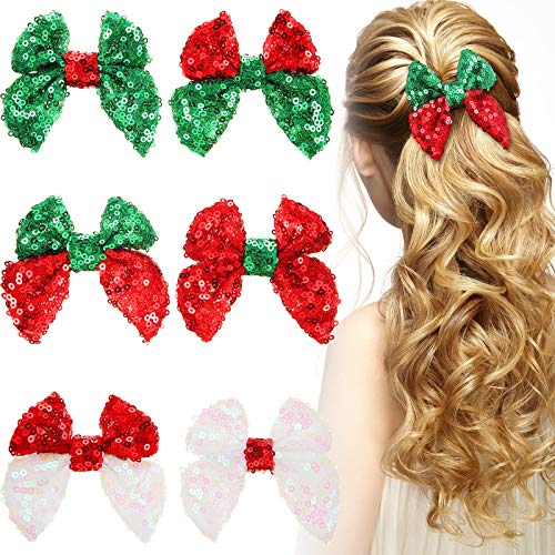6 Pieces Christmas Sequins Hair Clips Handmade Christmas Stretchy Ribbon Headband with Bow Hairpins Alligator Bows Pin for Xmas Baby Girls Kids Children