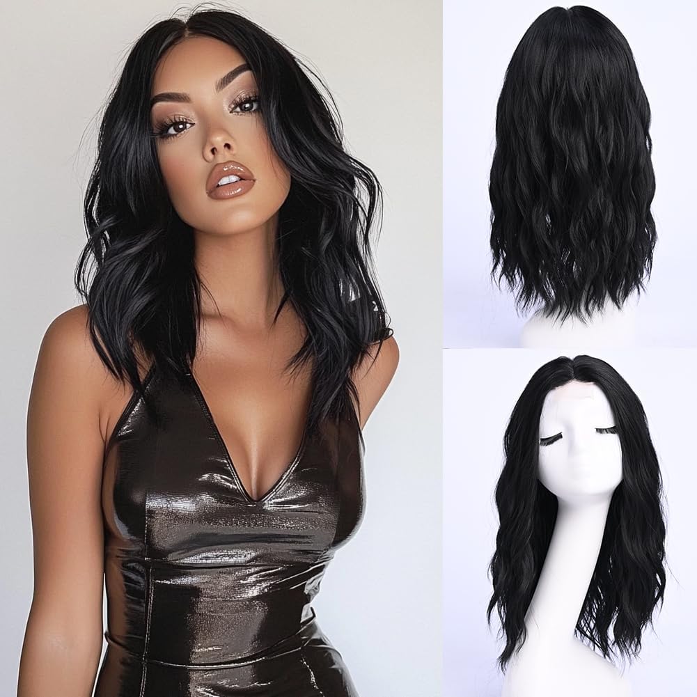 YaissmyLu Medium Length Black Wavy Wigs for Women 18 Inch Middle Part Wavy 1B Wig Natural Looking Synthetic Heat Resistant Fiber Wig for Daily Party Use (18 inch)