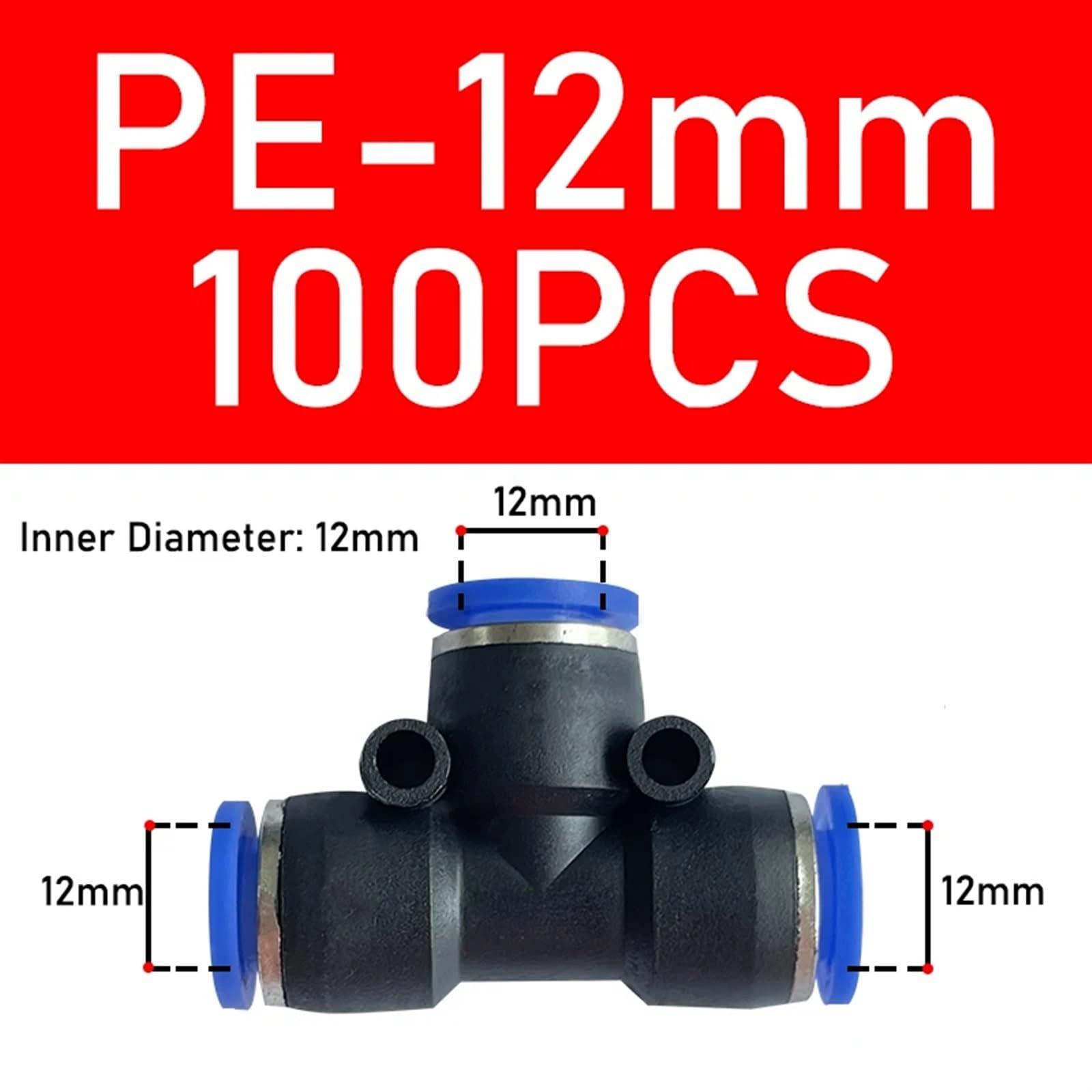PE Air Connectors 4/6/8/10/12MM Pneumatic Fitting Quick Connect Slip Lock Tee 3Way Plastic Pipe Water Hose Tube 50/100Pcs(PE12)