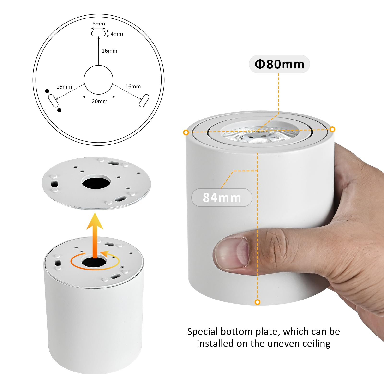 Focos LED Interior Techo Blanco, Foco Techo Orientable 5W GU10 3000K Cálido/ 4000K Natural/ 6000K Frio, Focos Superficie Aluminio, Aplique Techo 230V, Downlight LED Superficie Ø80x84mm