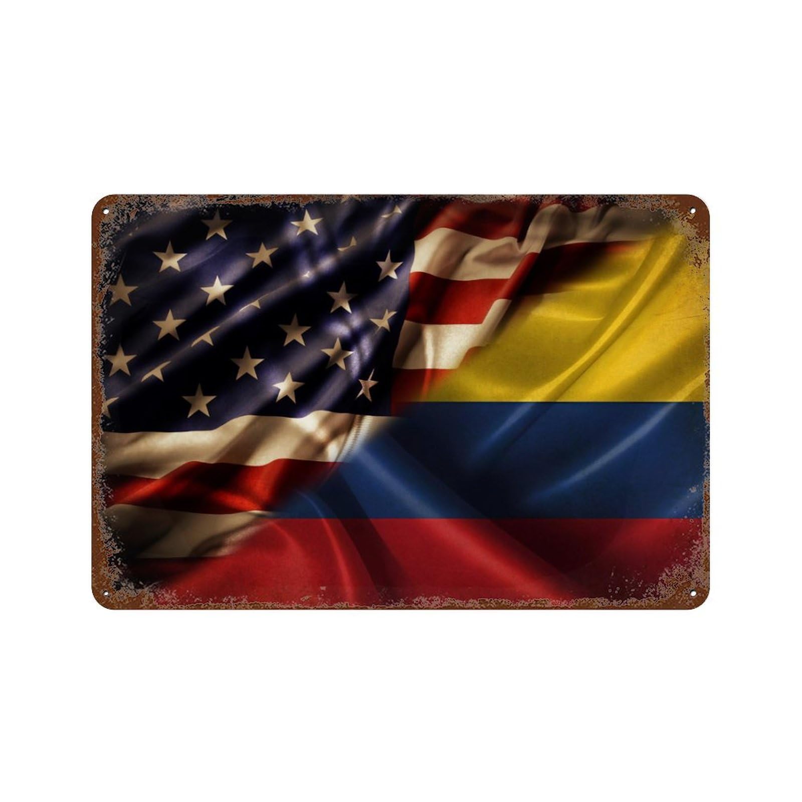 KWQDOZF Combined Colombia And USA Flag Theme Metal Tin Sign,Vintage Iron Hanging Plate Horizontal with Rust Poster Wall Decor 8x12inch
