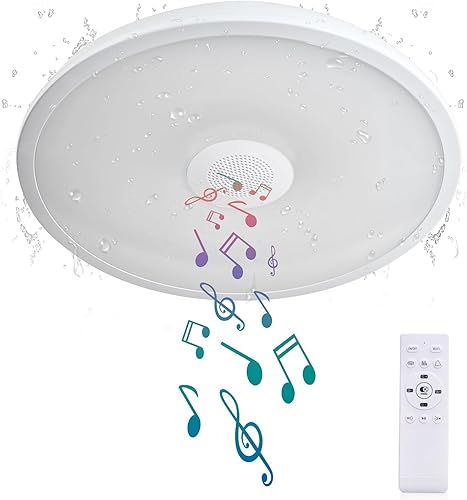 Lámpara de techo LED impermeable amarilla, lámpara de techo de música, con altavoz Bluetooth, 11 pulgadas, 18 W, 2700 K-6500 K, luz RGB regulable