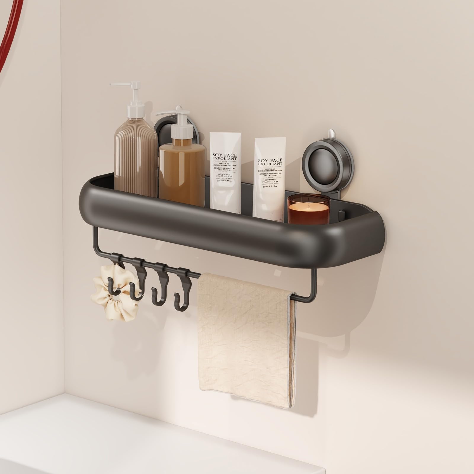 Voldra Shower Caddy Suction Cup, Arc Adhesive Bathroom Shelves Shower Storage Wall Mounted Bathroom Caddy Stick on Shower Organiser Rack With 4 Removable Hooks and Towel Bar(1 Pack, Grey)