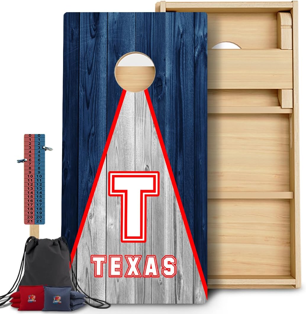 CornholeGamesUSA Pro Cornhole Boards Set | Made in USA | 3/4 Baltic Birch | No Bounce | Triple Thick Legs | Two Brace & Handles, Tournament 2x4 Regulation Set with Score Tower & Cornhole Bags