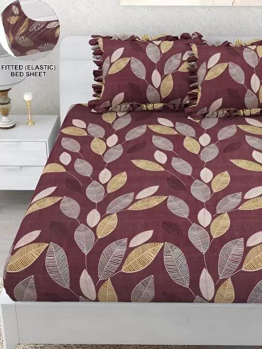 Image of King Size Fitted Bedsheet for Double Bed | 300 TC Cotton Feel Microfiber | All Around Elastic with 2 Frill Pillow Covers | Soft & Durable | (WINEFrill, Fitted - 72 x 78 Inch King)