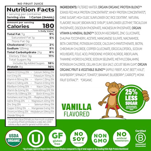 Image of Orgain Organic Kids Nutritional Dairy Protein Shakes Bundle, Chocolate + Vanilla, 8g Protein, 3g Fiber, 22 Vitamins & Minerals, No Soy Ingredients, Gluten Free, Non‑GMO, 8.25 fl oz, Pack of 24