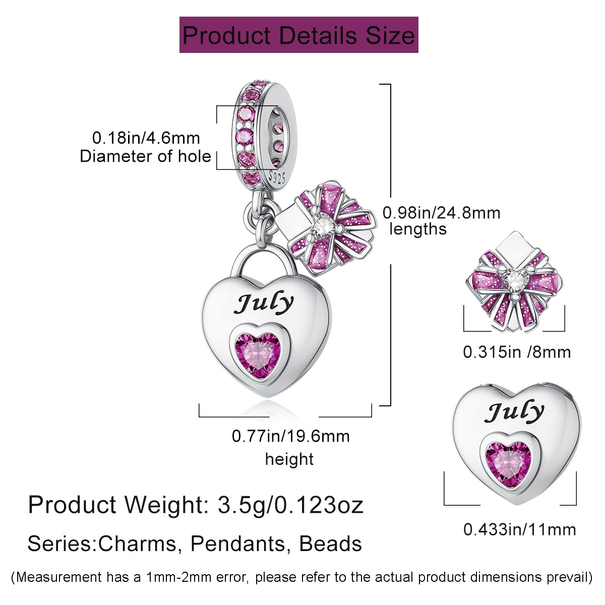 HappyStar 925 Sterling Silber Herz Zirkonia Geburtsstein Charm Anhänger für Geburtstag Personalisiertes Geschenk Bead Charms für Damen kompatibel Pandora Armbänder Geburtstag Valentinstag