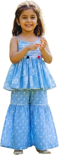 GALAXY BOUTIQUE Girls Rayon Slub Printed Sharara Set with Net Dupatta – Sleeveless Ethnic Outfit