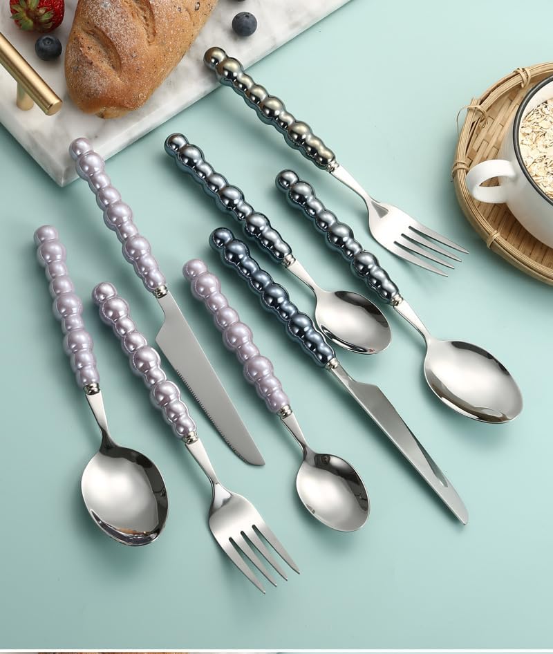 Silverware Set, 2/8/12/16/20/24pcs Retro Light Luxury Ceramic Pearl Handle 304 Stainless Steel Knife, Fork And Spoon Tableware Set, Home Cutlery Flatware Set(Pink,16 Pieces for 8)