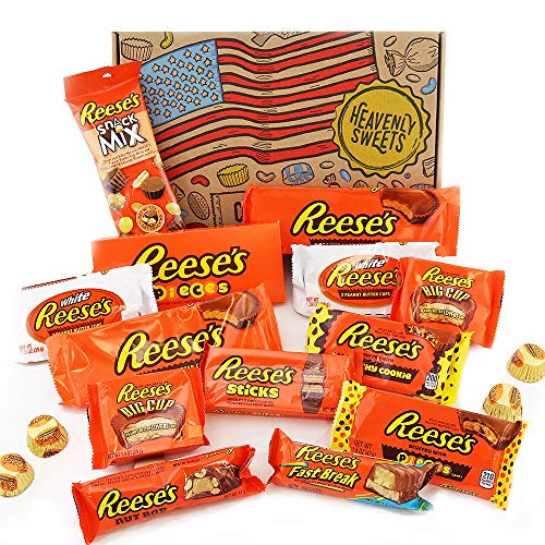 Reeses American Candy Gift Hamper | Peanut Butter Chocolate Selection | Assortment Includes Peanut Butter Cups Pieces Sticks Nut Bars Miniatures | 17 Items in Retro Sweets Gift Box