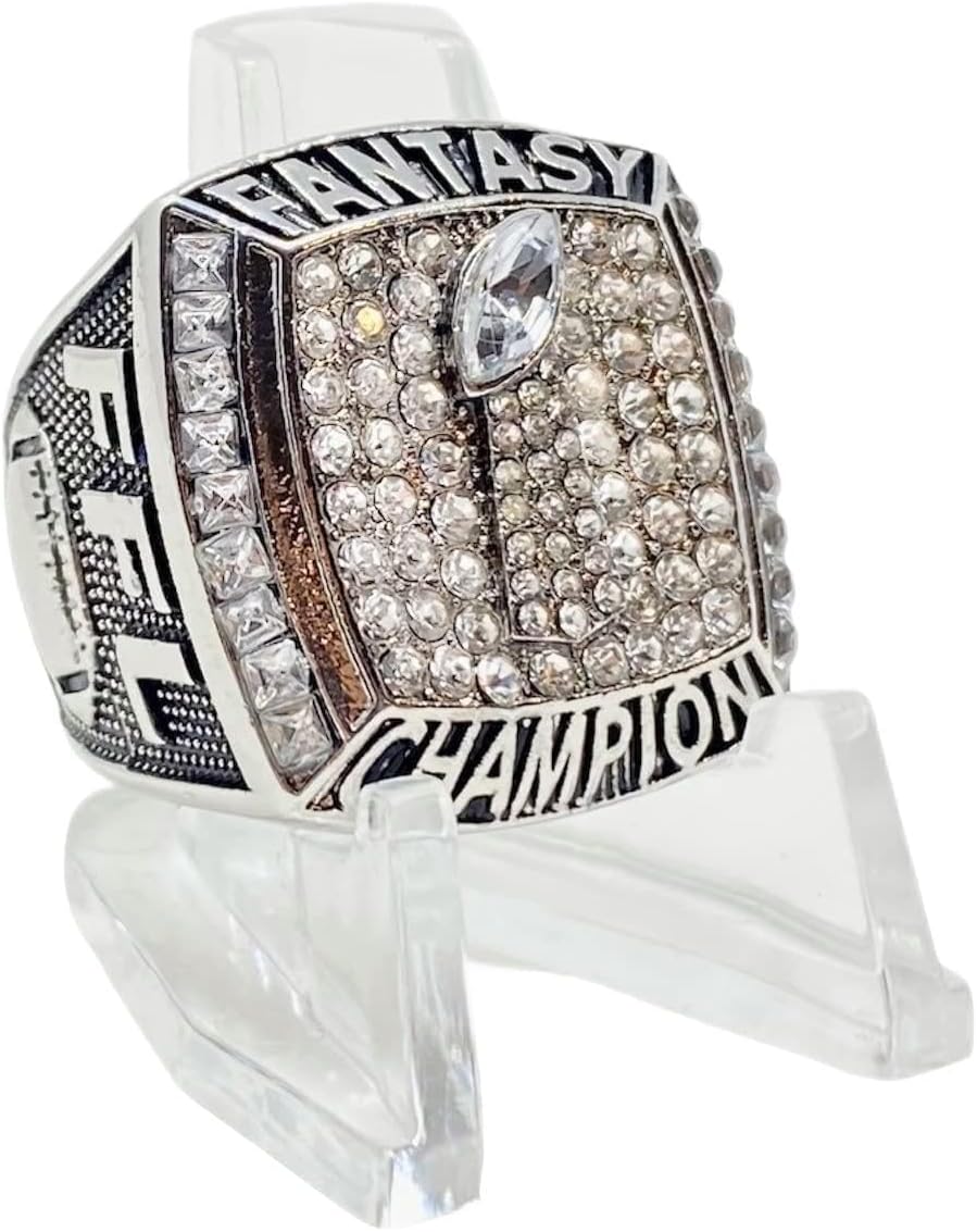 Legacy Rings 2023 Fantasy Football Championship trophy ring with clear display stand | Silver Tone | Size 8-14
