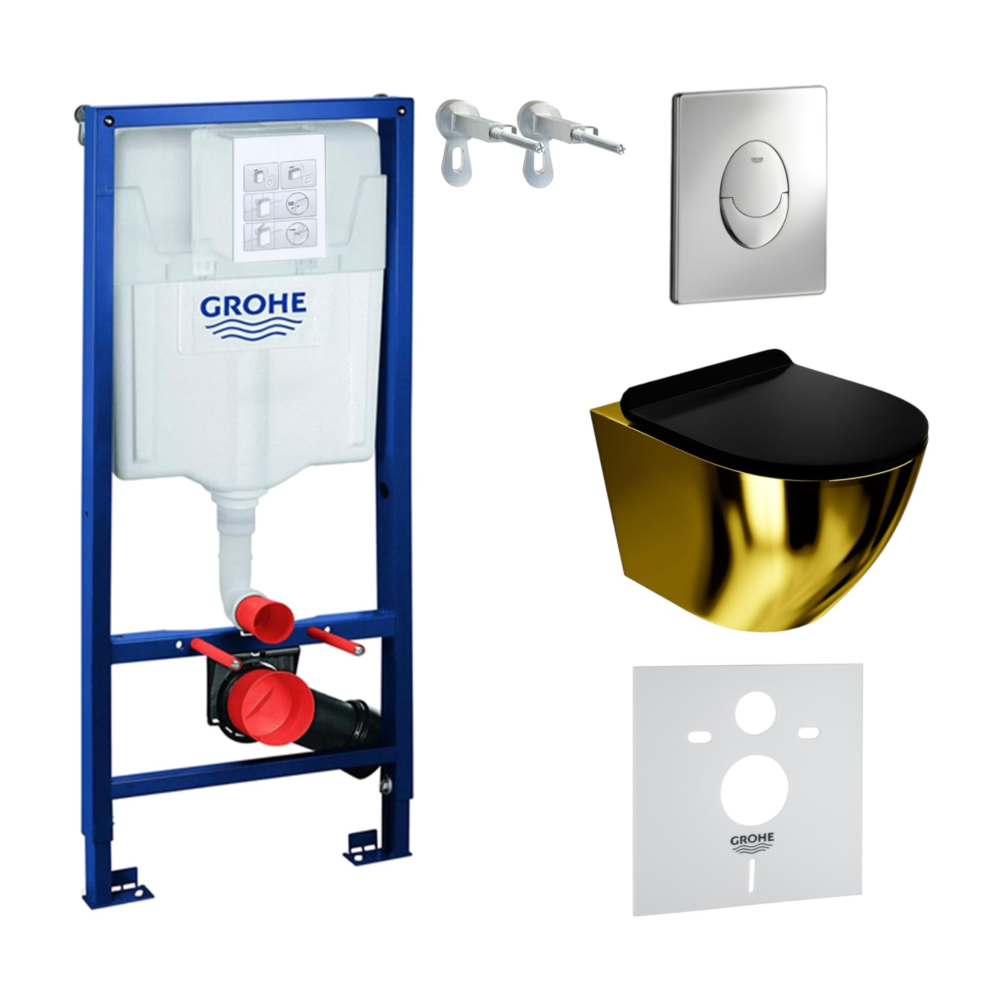 Lavita Vorwandelement Solido Start + Wand Hänge WC Sofi Slim Gold/Black Spülrandlos + WC Sitz mit Absenkautomatik Verchromter Knopf Komplettset Unterputz Spülkasten Toilette Komplett Sett WC