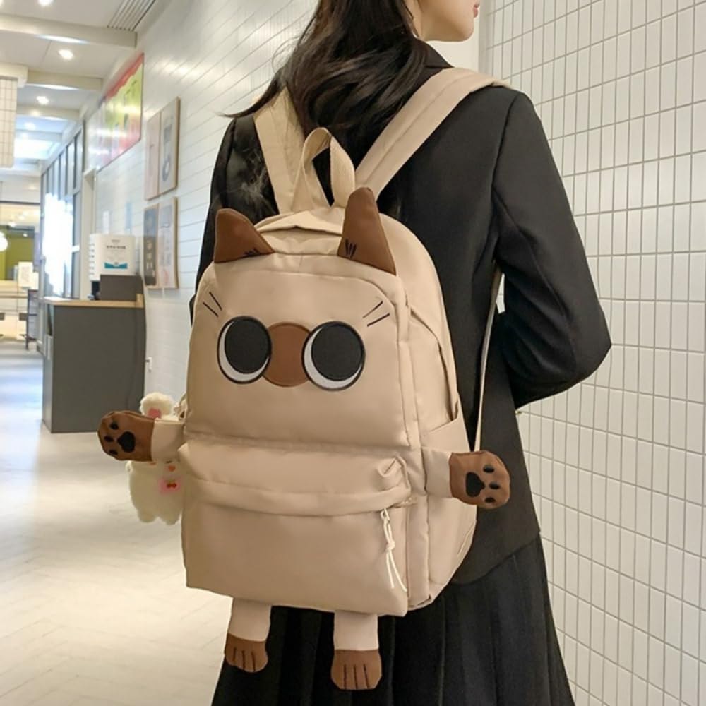 Vobomo Big-eye Cat Kawaii Backpack with pins and Accessories Big capacity Backpack Y2k Aesthetic Cute Backpack (Khaki+Doll)