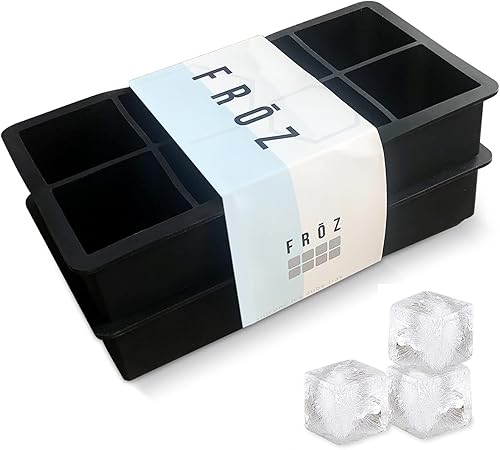Froz Bandejas de silicona para cubitos de hielo, paquete de 2 – Hace 8 cubos de hielo cuadrados grandes de 2 pulgadas para whisky y cócteles – Molde