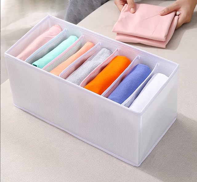 Foldable Drawer Clothes Storage Boxes Jeans Storage Organizer ,7 Grids Of Gray for Trousers, Leggings, T-shirt(White)