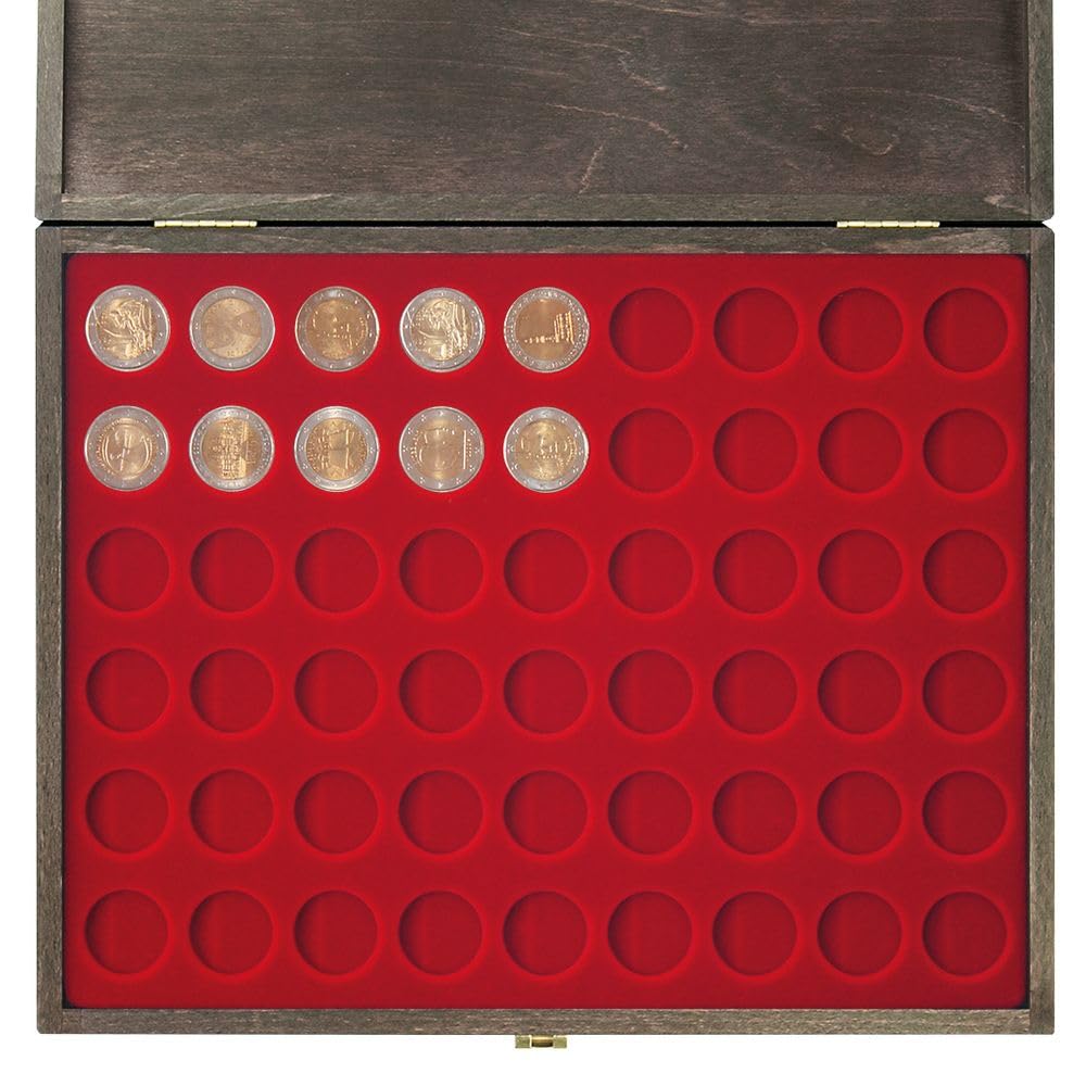 Estuche LINDNER Carus-1 De Madera Auténtica Con Una Plantilla Para Monedas En Color Rojo Oscuro