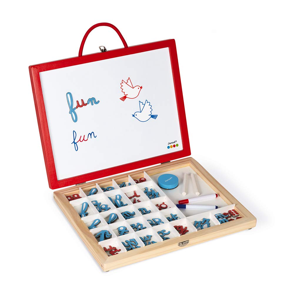 Janod, Essentiel, Mallette de Lettres Cursives 4 en 1 en Bois, Jeu Pédagogique, Apprentissage des Lettres et de la Lecture, 110 Accessoires Inclus, Peinture à l'eau, Dès 3 Ans, J05073, Multicolore