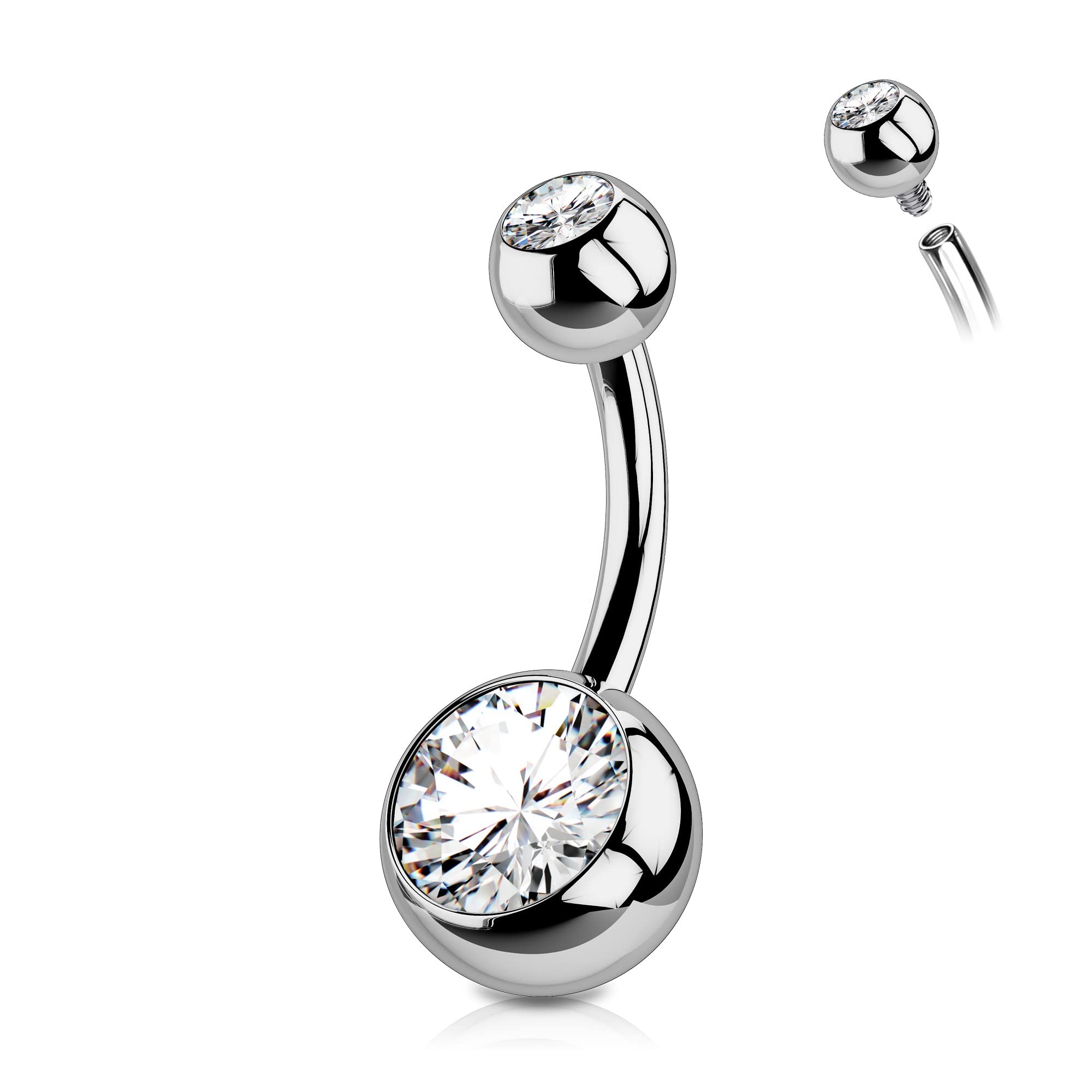 OUFERG23 Solid Titanium Belly Bars Balls 14G Internally Threaded 8 10 12 14 16mm Short Extra Long Navel Piercings Barbell Rings Double Clear CZ Gem 1.6mm No Dangle Belly Button Jewellery