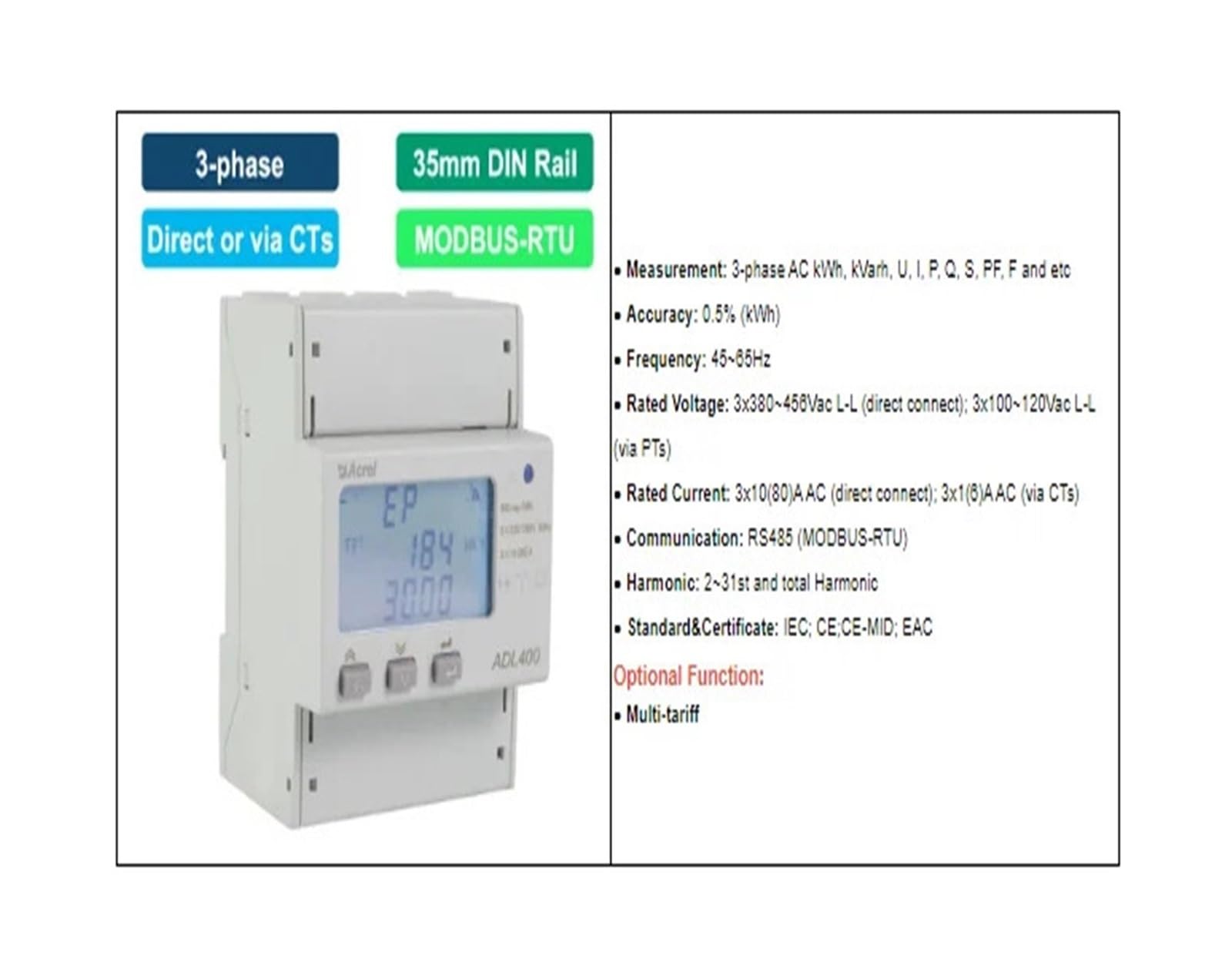 CT Access ADL400 licznik energii na szynie DIN 3/trójfazowy licznik energii elektrycznej w zestawie