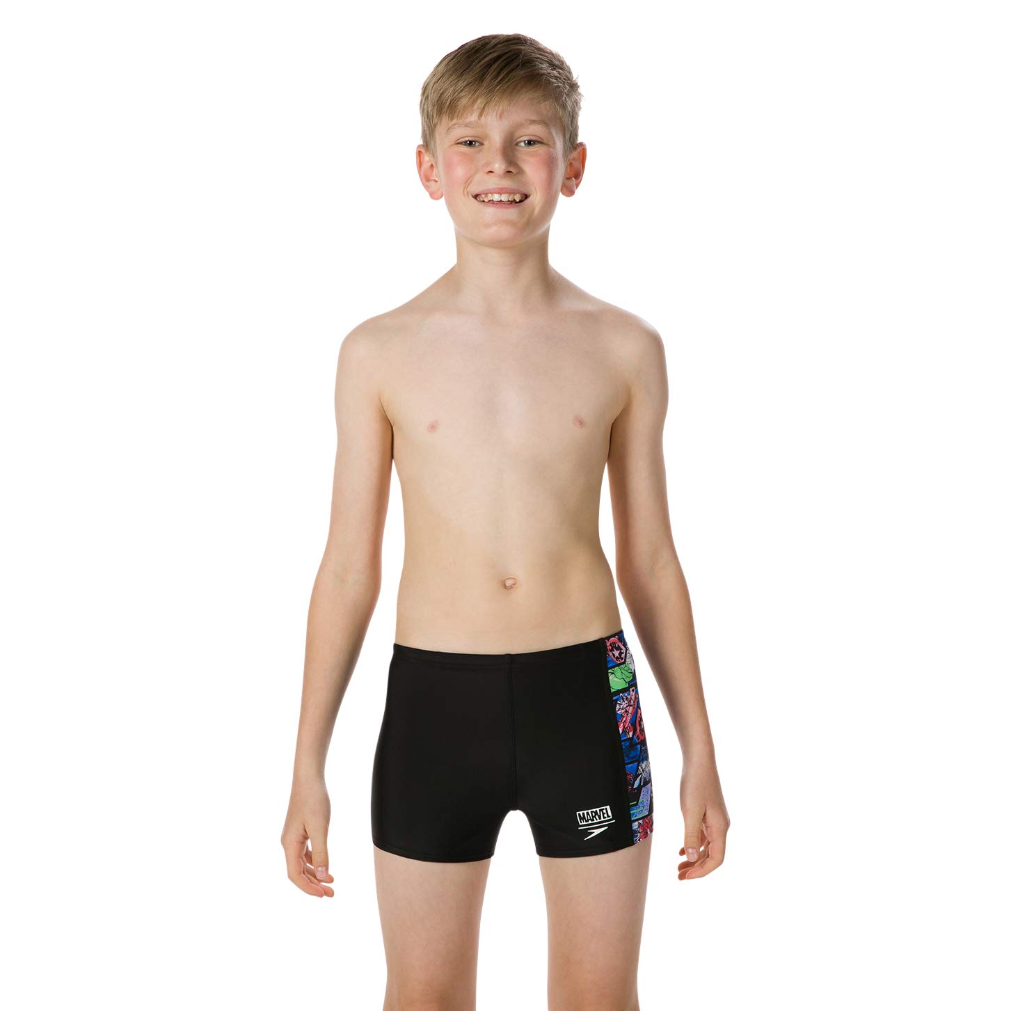 Speedo Boy's Endurance 10 Marvel Avengers High Chlorine Resistant UPF 40+ Sun Protection Aquashort - Black & Neon Blue 1