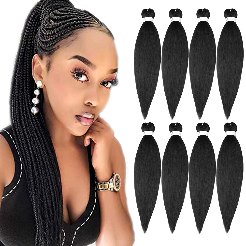Pre-Stretched Braiding Hair Extensions Black - 28''-8 Packs Synthetic Crochet Braids, Natural Braid Crochet Hair, Hot Water Setting Professional Soft