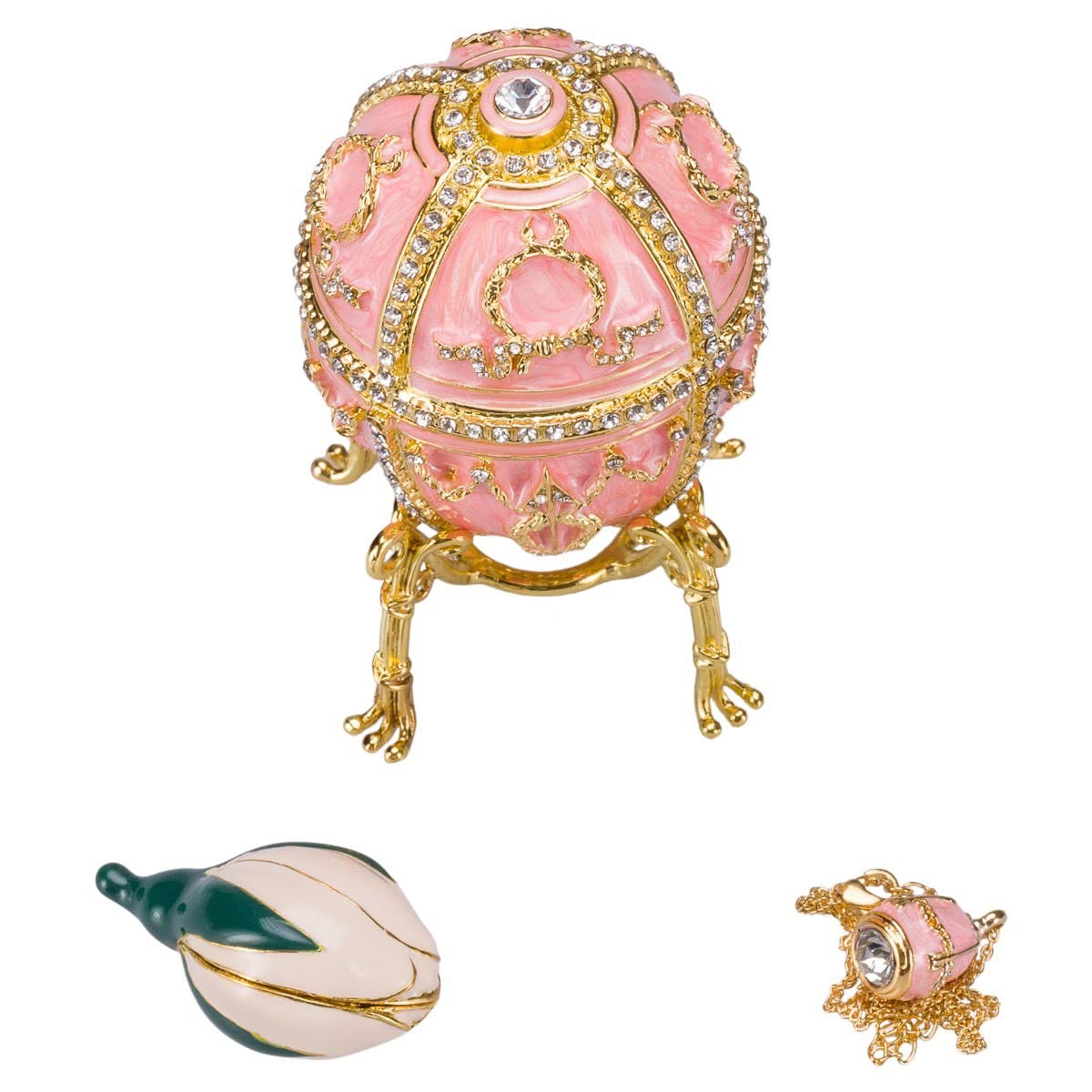 Uovo Fabergé Portagioie Danila-souvenirs – Bocciolo Di Rosa, Smalto E Cristalli, 9,5 Cm, Crema