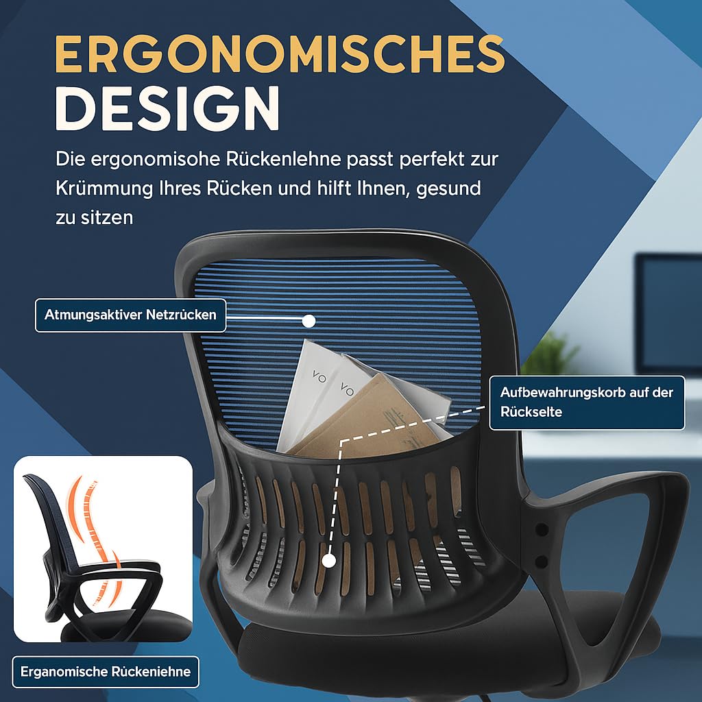 DUMOS Sedia Ufficio Ergonomica In Rete Nera – Supporto Lombare, Braccioli Regolabili, Altezza Regolabile, Fino A 115 Kg