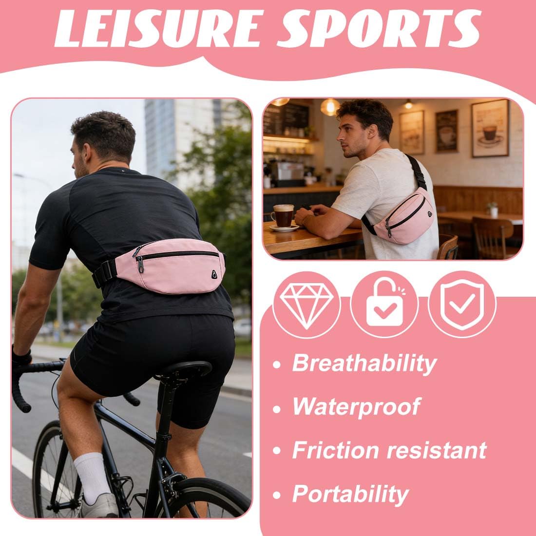 Marsupio, Tasca Marsupio Uomo Durabile Sport All’Aperto Donna Regalo Uomo Grande Escursionismo Campeggio Bicicletta(Rosa,B)