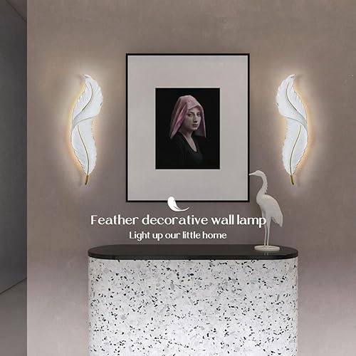 Miniatura 5 de Lámpara de pared de plumas, luz LED de montaje en pared, 3 temperaturas de color y 3 niveles de brillo, lámparas de pared de plumas blancas para