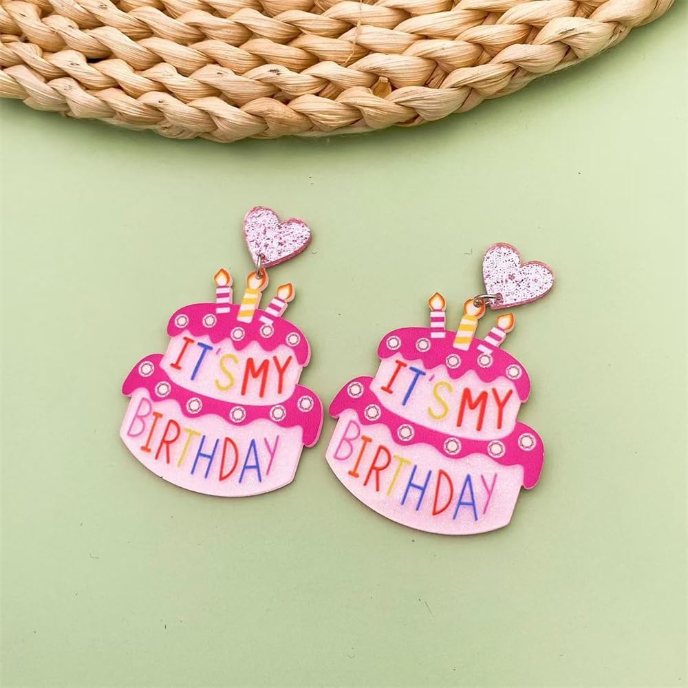 Cute Heart Birthday Cake Dangle Drop Earrings for Women Pink Glitter Acrylic It's My Birthday Letter Colorful Lightweight Statement Dangling Hanging Sweet Celebration Holiday Party Y2k Jewelry - Image 2