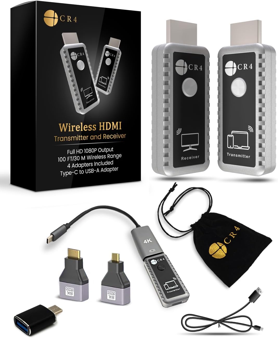 CR4 Wireless HDMI Transmitter and Receiver 100ft | 4K Input, 1080P Output | Plug & Play 5G HDMI Extender with 4 Adapters, Gift Box | Stream from PC, Laptop, iPhone, Android, TV Box to Projector (Gray)