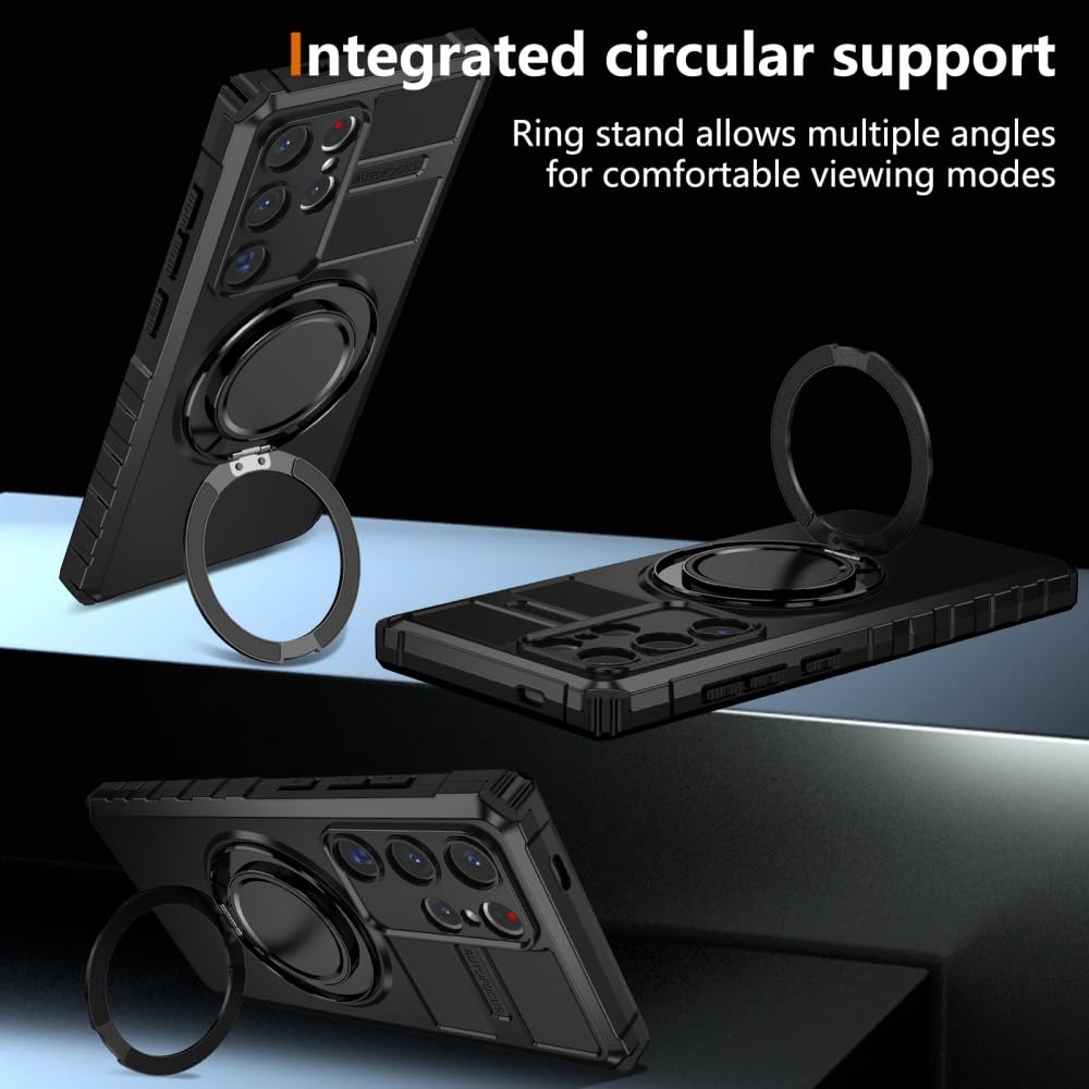 Custodia per telefono con supporto ad anello magnetico per Samsung Galaxy S24 Ultra, girevole a 360° con custodia protettiva antiurto regolabile per Samsung Galaxy S24 Ultra (Nero)