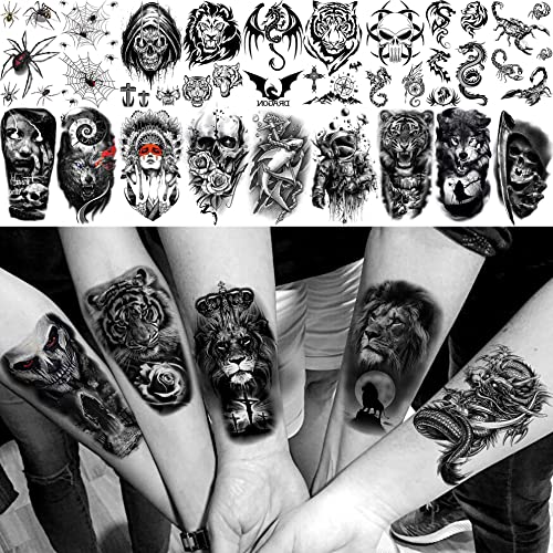 Bilizar 63 Sheets Tribal Wolf Lion Tiger Temporary Tattoos For Men Women Adults, Scary Halloween Skull Gangster Fake Tattoo Stickers Kids, Small 3D Realistic Tattoos Thigh Arm Neck Elephant Warrior #TOP4