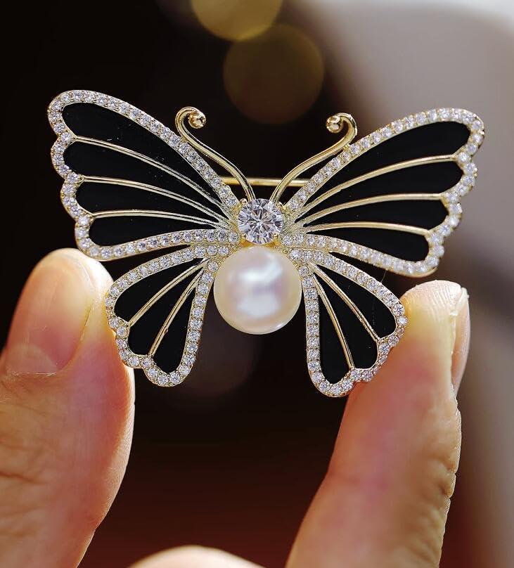 Image of Butterfly Crystal Rhinestone Brooch Pin for Women Colorful Glitter Pearl Bead Lapel Pins Hats Clothes Dress Accessories Jewelry
