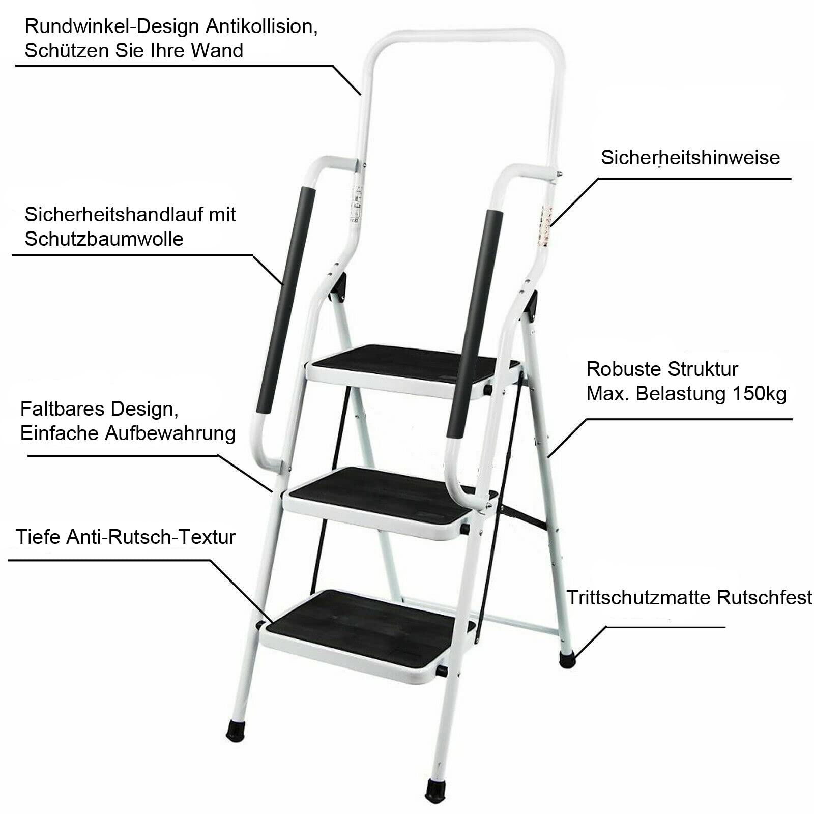 Escalera plegable de 3 peldaños, de acero aleado, con pasamanos y pies de goma antideslizantes, escalera plegable, fácil de guardar y transportar, soporta hasta 150 kg