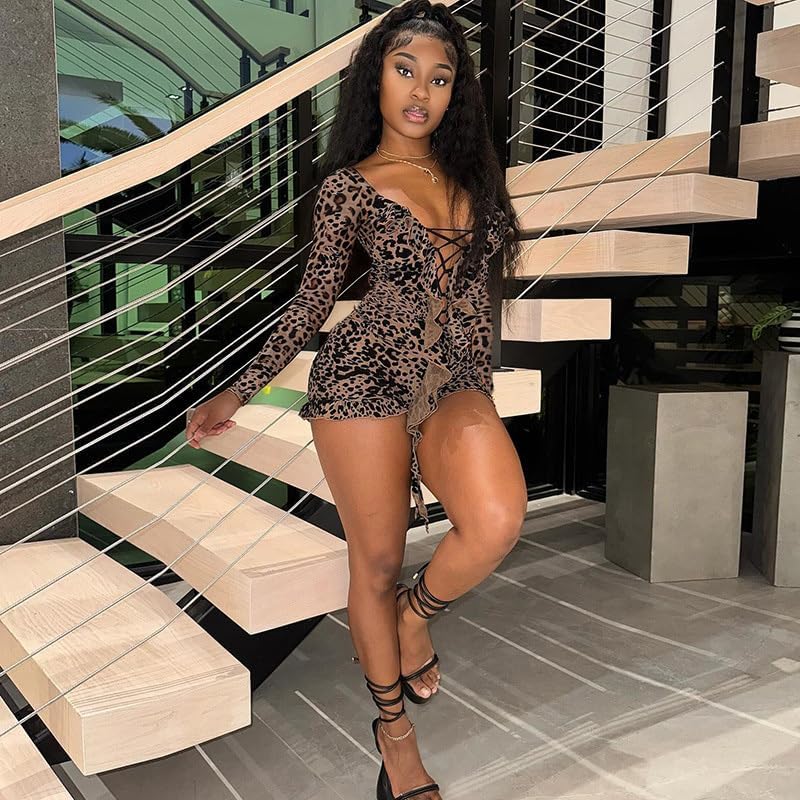 Molilove Womens Cheetah Print Romper Mesh Sexy Long Sleeve Bodycon Shorts Leopard Romper Hollow Out Y2K One Piece Outfits - Image 4