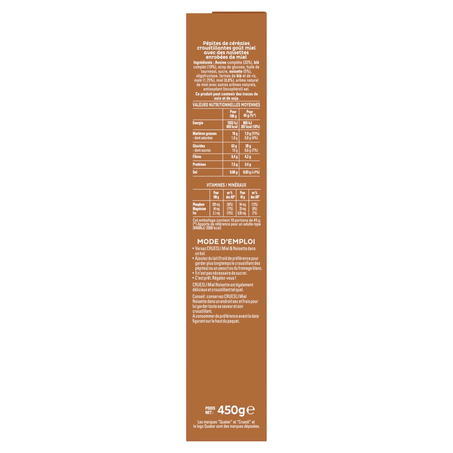 QUAKER Cruesli Céréales Miel et Noisette - Lot de 6x450g
