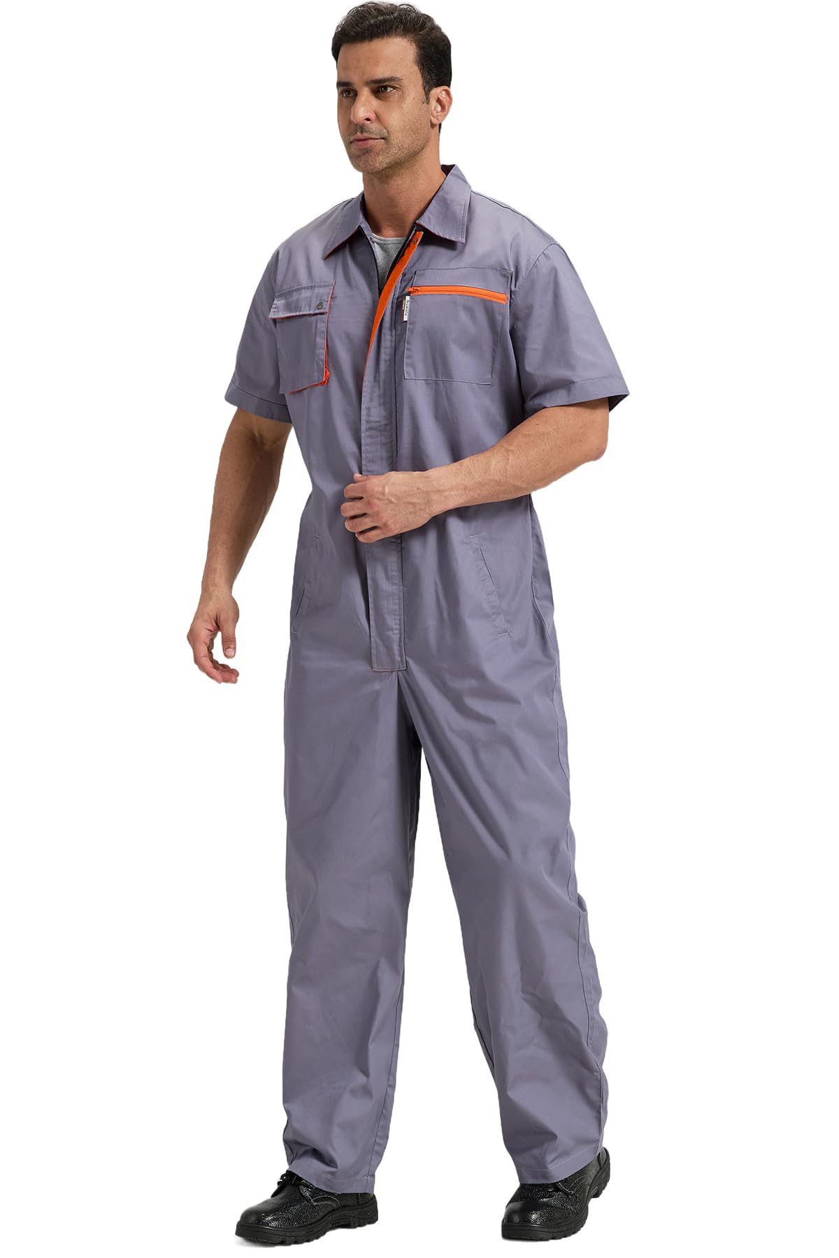 Męski zamek błyskawiczny z przodu kombinezon boilersuit ochronny odzież robocza kombinezony krótkie rękawy bojler garnitur z elastyczną talią wytrzymały funkcjonalny pokrowiec kontrastowy kolor, szary/królewski błękit