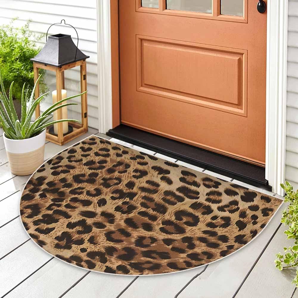 EMMTEEY Leopard Print Half Circle Bathroom Rug 24x36 Brown and Black Spots Non-Slip Entrance Rug Semi Circle Front Doormats Washable Kitchen Floor Mat Outdoor Rugs for Garage Patio Hearth