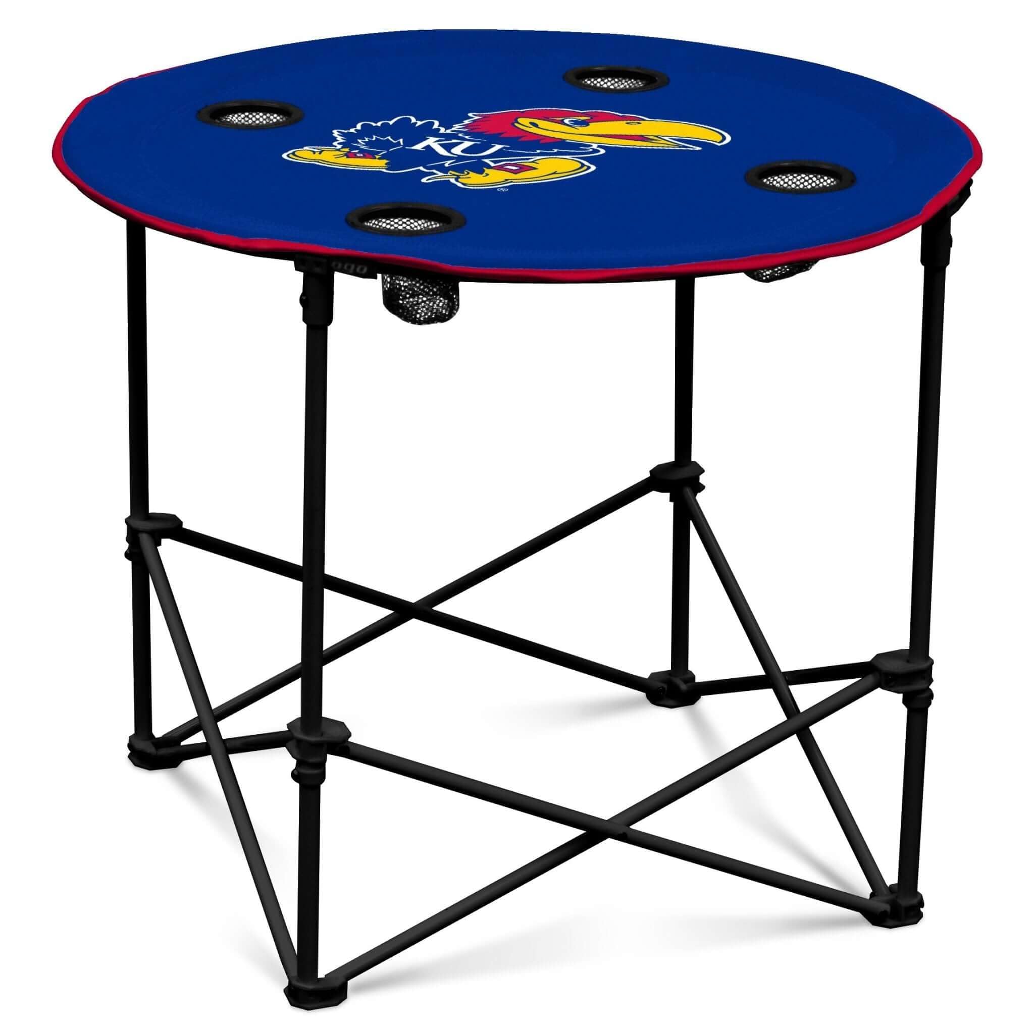 Logo Brands NCAA Kansas Jayhawks Round Tailgating Table – Portable with Foldable Legs, 4 Cup Holders, Powder-Coated Steel, and 27.6" Surface Diameter, Team Color
