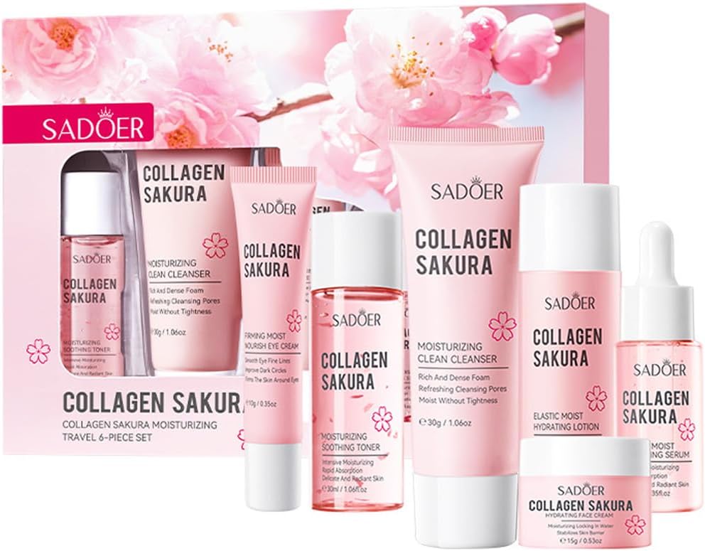 Travel Collagen Sakura Skincare Kit, 6pcs Skin Care Set include Cleanser, Toner, Lotion, Eye Cream, Serum & Face Cream, Hydrating & Soothing for All Skin Types, Perfect for Travel & Gift