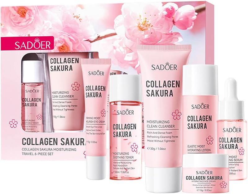 Travel Collagen Sakura Skincare Kit, 6pcs Skin Care Set include Cleanser, Toner, Lotion, Eye Cream, Serum & Face Cream, Hydrating & Soothing for All Skin Types, Perfect for Travel & Gift