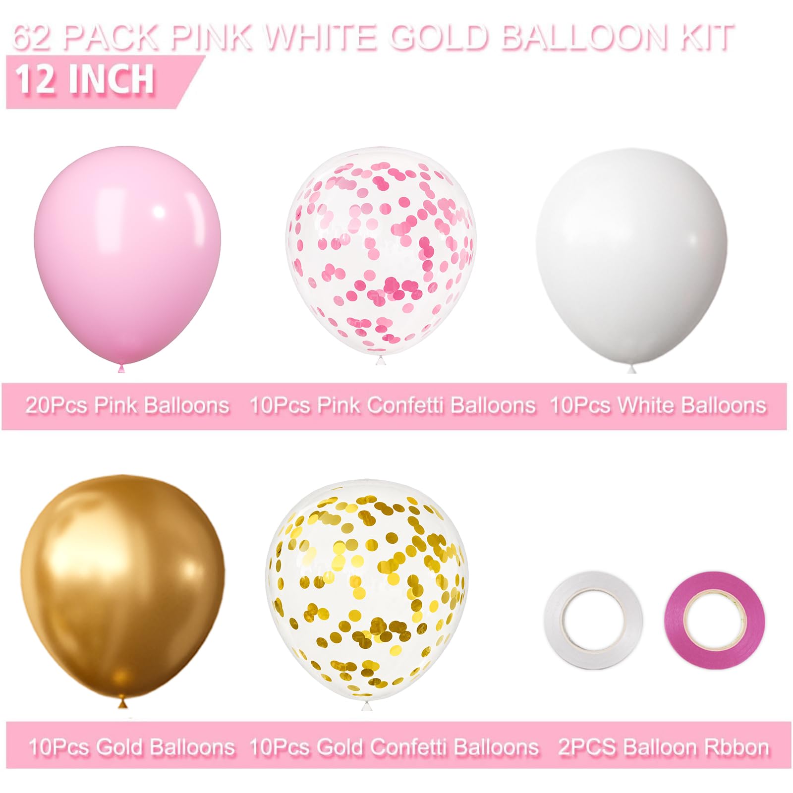 62pcs Pink White Gold Confetti Latex Balloons Kit for Birthday Party, 12" — Amazon image 3