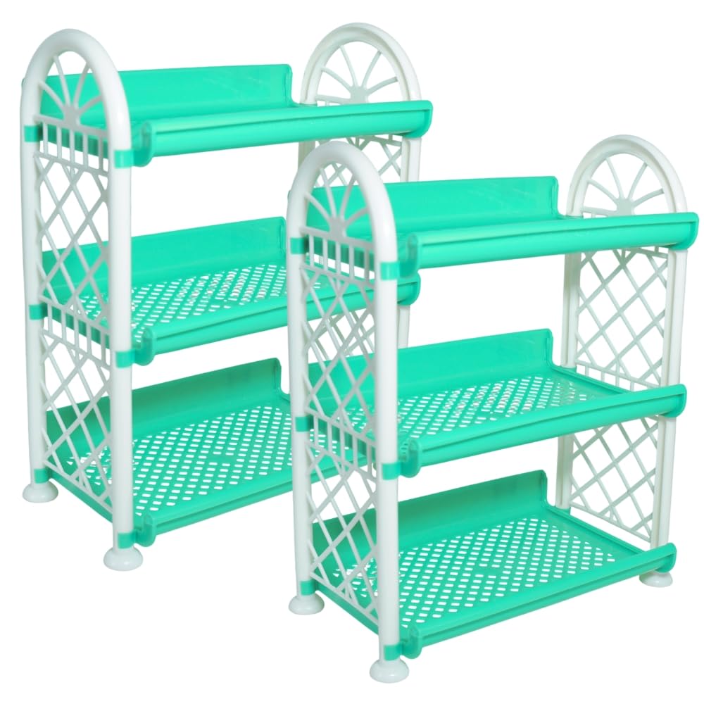 simply home storewell 3 tier plastic multipurpose storage organizer-easy to fit, wall hanging durable & lightweight rack for kitchen, bathroom,kids & office - space-saving rack| set of 2 | green